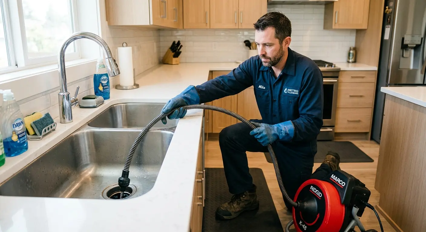 Drain cleaning technician using a motorized snake on a kitchen sink in Colchester