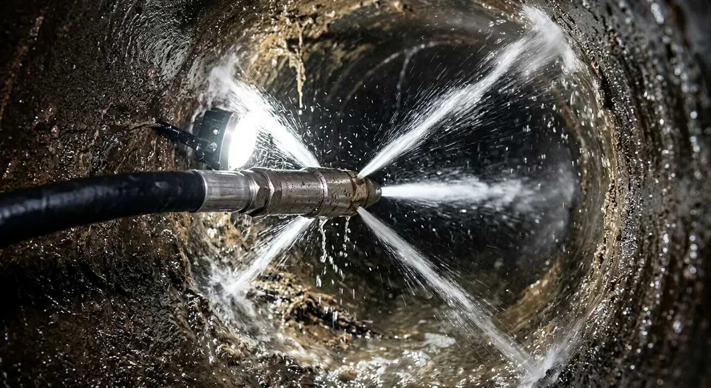 High-pressure hydro jetting nozzle cleaning sewer pipe for Sewer Cleanout in Colchester