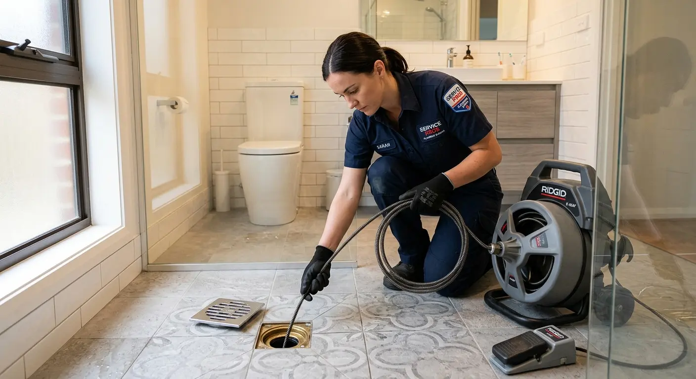 Technician clearing a bathroom floor drain for Clogged Drain Repair in Colchester